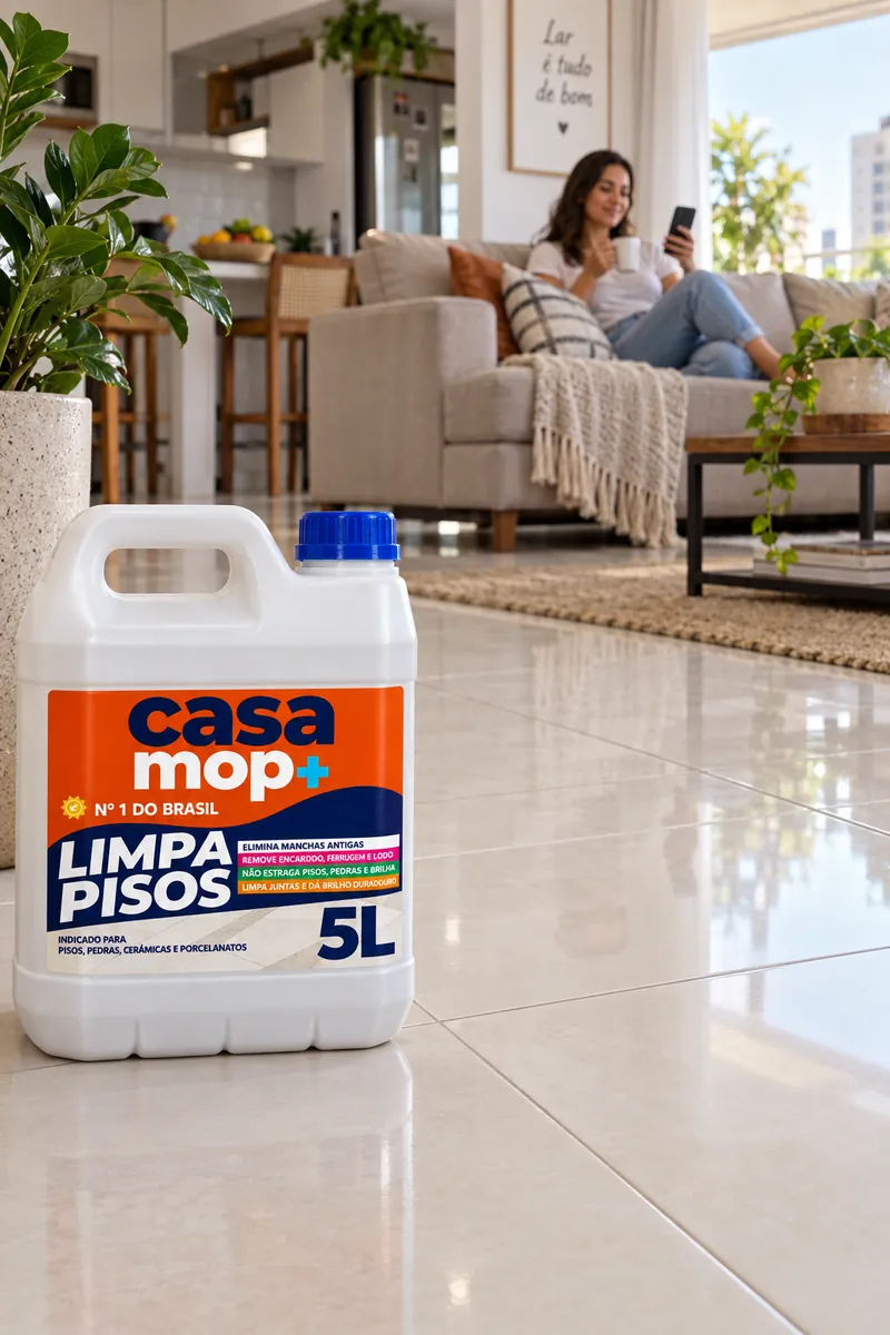 Galão Casa Mop+ sobre piso limpo enquanto uma mulher descansa no sofá