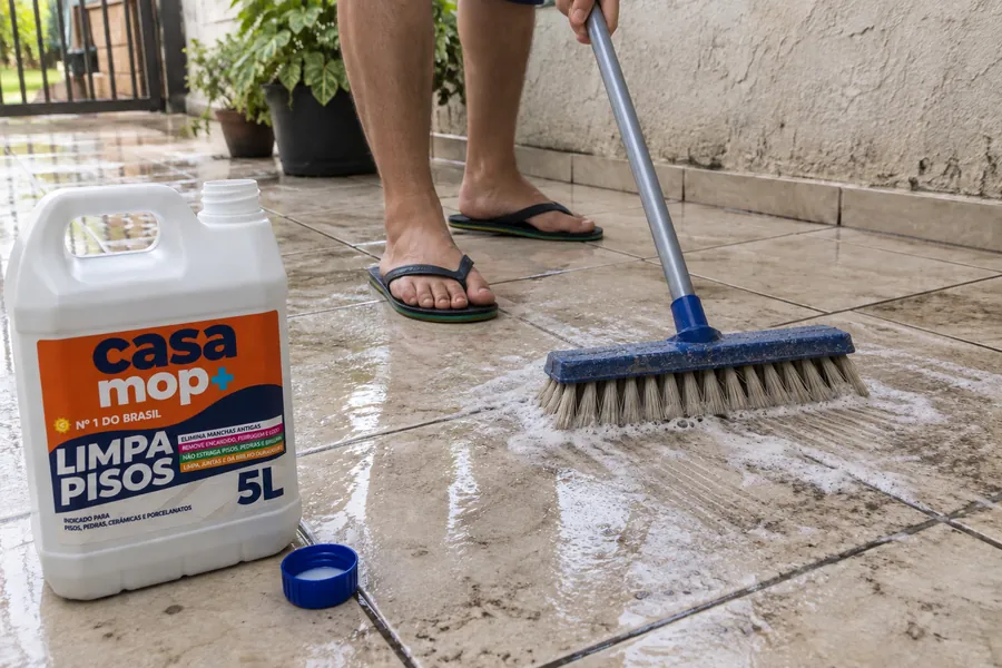 Aplicando Casa Mop+ e esfregando o piso com vassoura